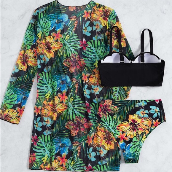 3 Piece Tropical Floral Print Push Up High Waisted Bikini Swimsuit Kimono Sexy - Picture 7 of 11
